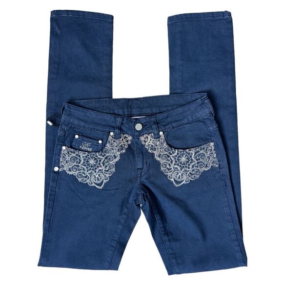GF Ferré Blue jeans Low Waist Skinny Leg Embroidery Silver Metallic Decor Sz25. - Picture 9 of 10